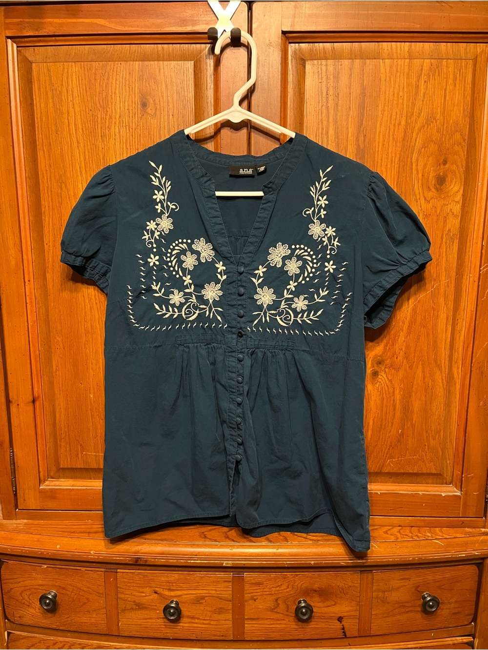 a.n.a Teal Short-Sleeve Embroidered V-Neck Blouse